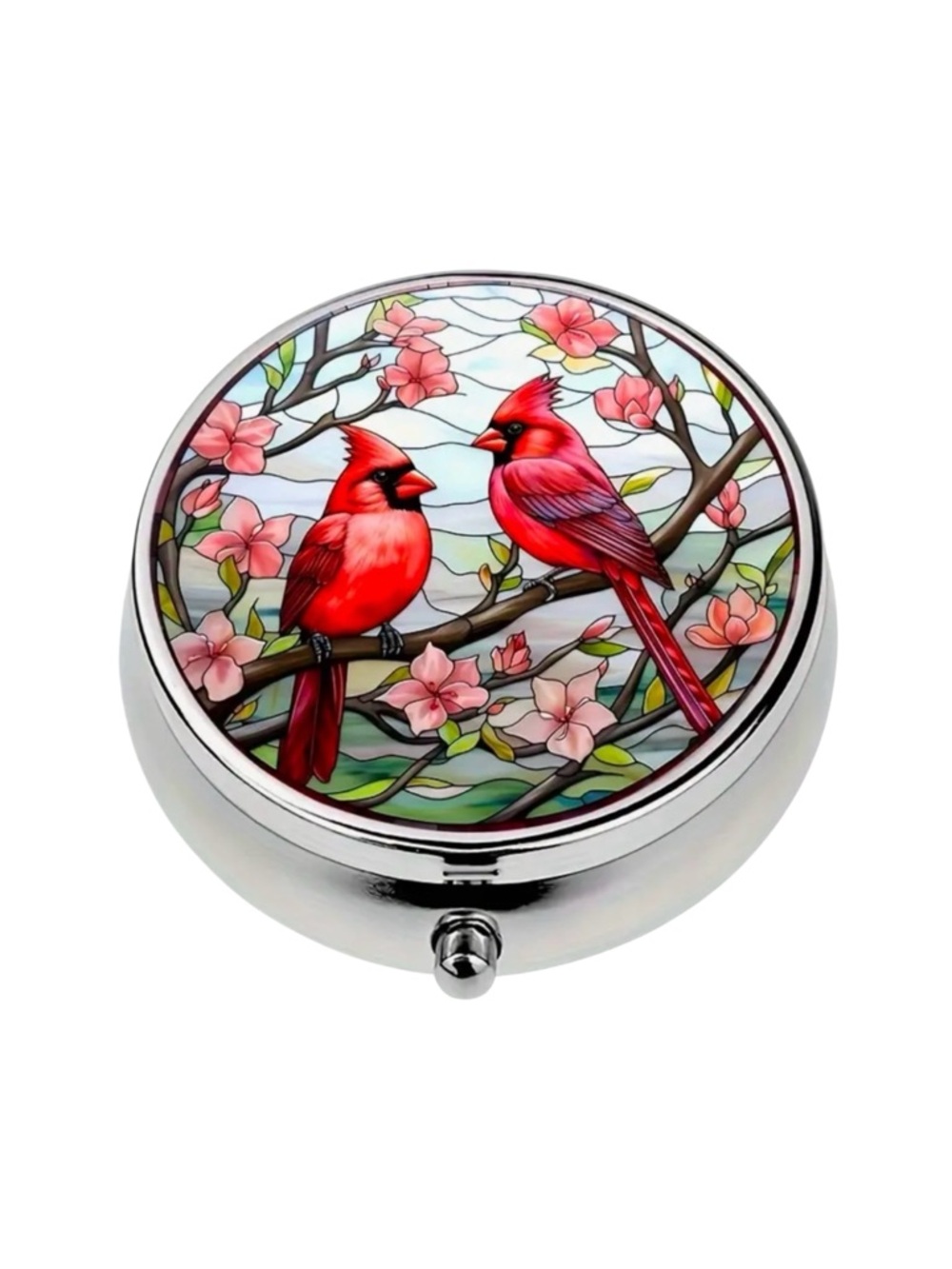 2 Cardinal Stained Glass Style Pill Box.  2" X .7” Three Compartments.  NWOT